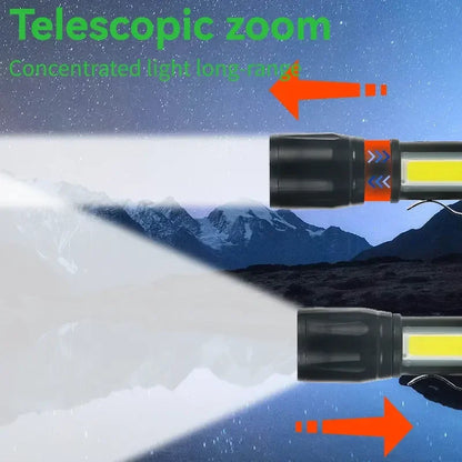Powerful Mini COB LED Flashlight + XPE Zoom Flashlight, Built-in Battery, USB Rechargeable