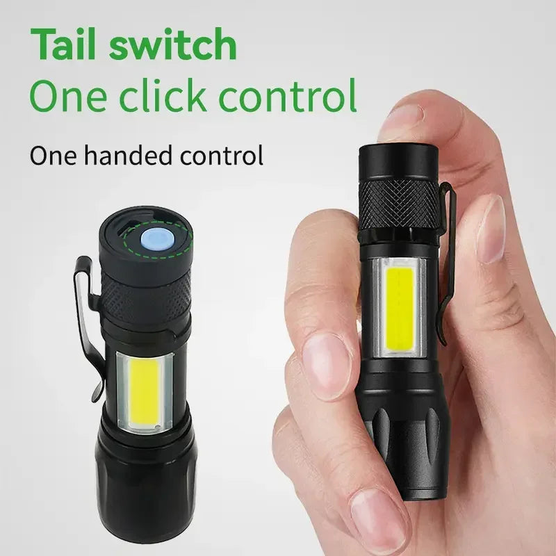 Powerful Mini COB LED Flashlight + XPE Zoom Flashlight, Built-in Battery, USB Rechargeable