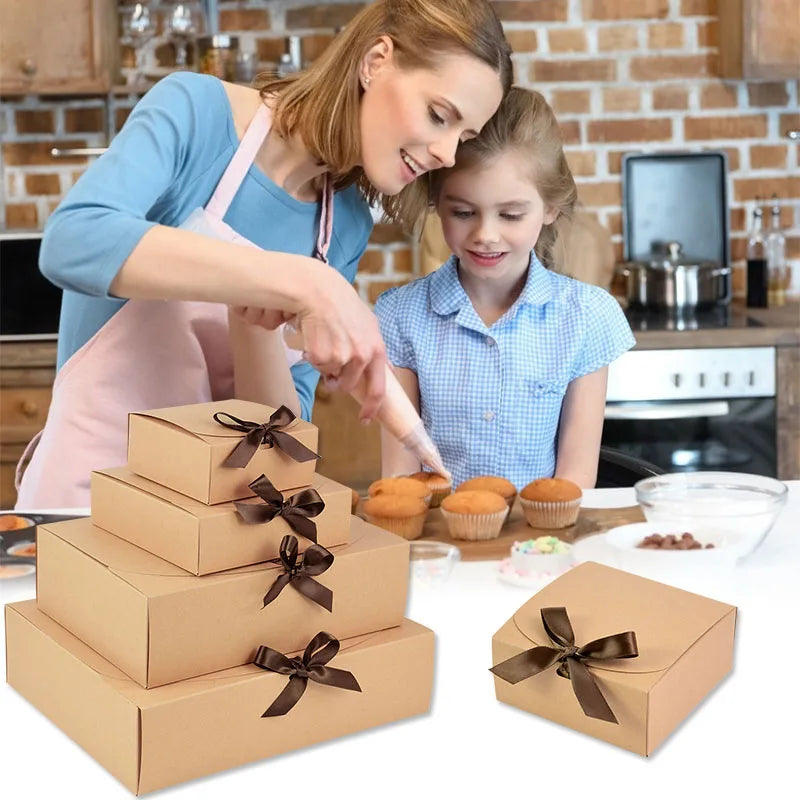 Kraft paper gift box with decorative bow ribbons, various sizes