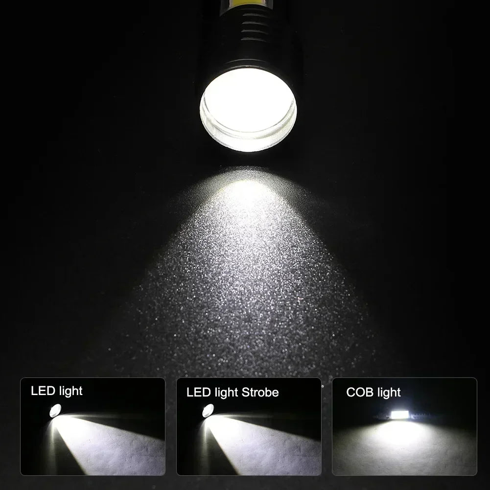 Powerful Mini COB LED Flashlight + XPE Zoom Flashlight, Built-in Battery, USB Rechargeable