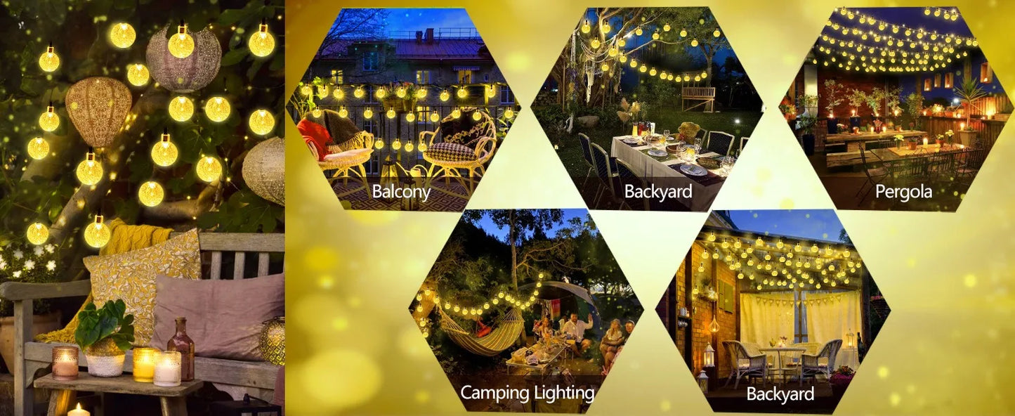Solar Crystal Globe String Lights with 8 Modes, IP65 Waterproof