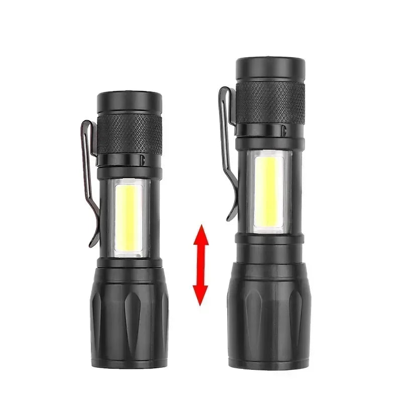 Powerful Mini COB LED Flashlight + XPE Zoom Flashlight, Built-in Battery, USB Rechargeable