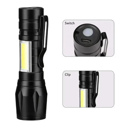 Powerful Mini COB LED Flashlight + XPE Zoom Flashlight, Built-in Battery, USB Rechargeable