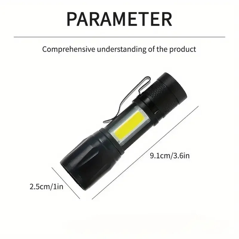 Powerful Mini COB LED Flashlight + XPE Zoom Flashlight, Built-in Battery, USB Rechargeable