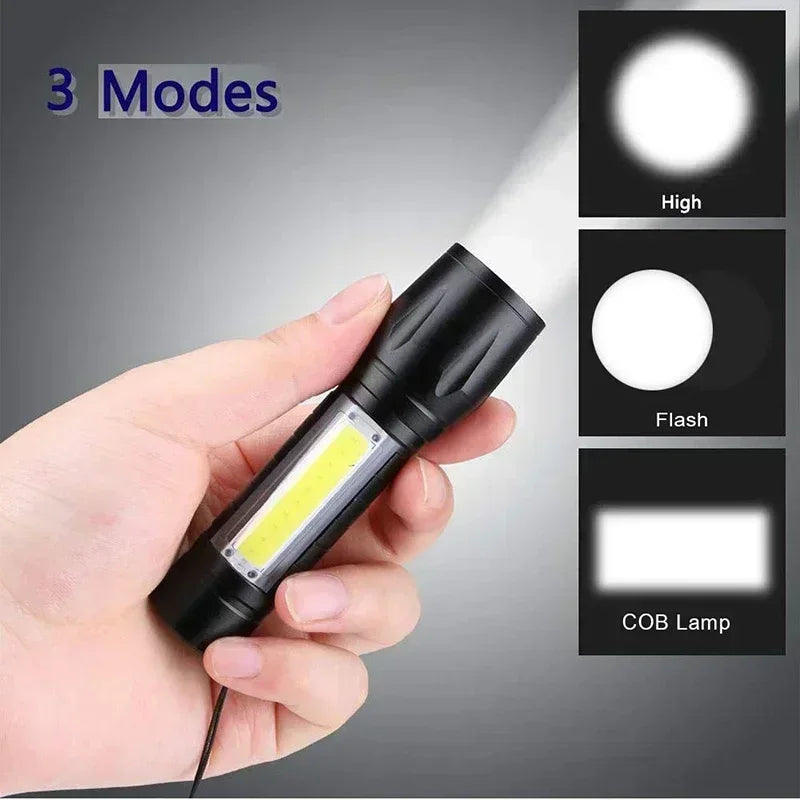 Powerful Mini COB LED Flashlight + XPE Zoom Flashlight, Built-in Battery, USB Rechargeable