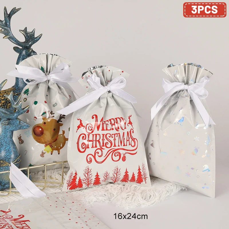 3/5pcs Drawstring Gift Bags for Merry Christmas, New Year 2025